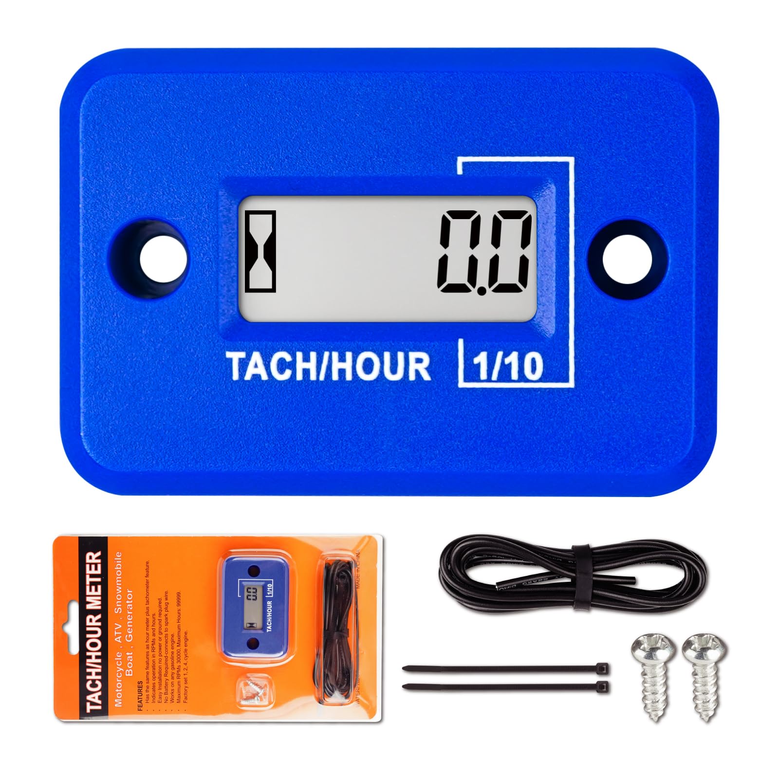 Jayron Tach Hour Meter Digital LCD Inductive Tachometer No Battery Powerful Timing RPM measuring Waterproof Design,for gas Engine Lawn Mower Motorcycle Snowmobile Generator (2 Stroke) (Blue)