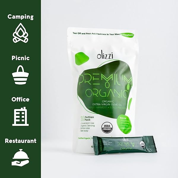OLIVE OIL PACKETS – OLIZZI PREMIUM ORGANIC EXTRA VIRGIN, NEW HARVEST, AWARD WINNING, EARLY HARVEST, COLD PRESSED, USDA ORGANIC CERTIFIED, SINGLE SERVE, MINI, SALAD DRESSING TO GO, INDIVIDUAL, TRAVEL SIZE, 10 SINGLE USE PACKS (0.34 FL OZ / UNIT)