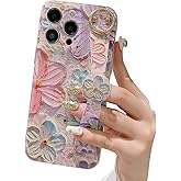 siduater Hand Strap Holder Case for 6.1" iPhone 15 Pro with Kickstand - Wrist Strap Band Soft Pattern Shockproof Cover, Adjustable Handle Grip Loop for iPhone 15 Pro 6.1 Inch, Floral Pink