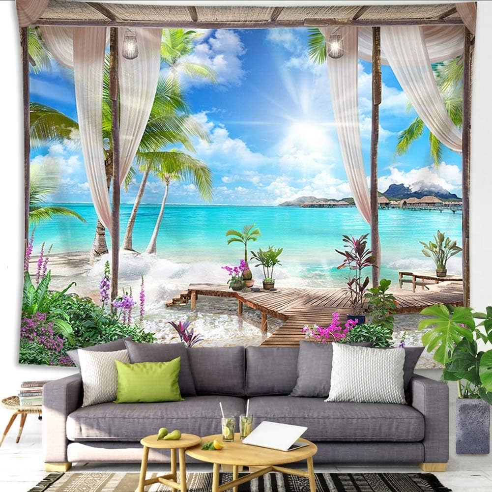Tapestries - QCWN Beach Decor Tapestry, Ocean Sea Tropical Island Palm Tree Scenic View From Balcony Summer Tropical Scenery Wall Hanging Nature Tapestry For Bedroom Living Room Dorm.78x58Inch