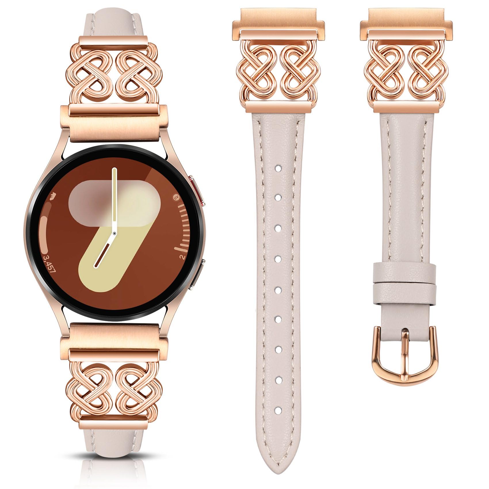 Photo 1 of TOYOUTHS Leather Band Compatible with Samsung Galaxy Watch 7/6/5/4/Active 2 40mm 44mm Band Women, 20mm Dressy Slim Strap with Celtic Heart-Shaped Knot Buckle for Watch 6 Classic, Starlight/Rose Gold