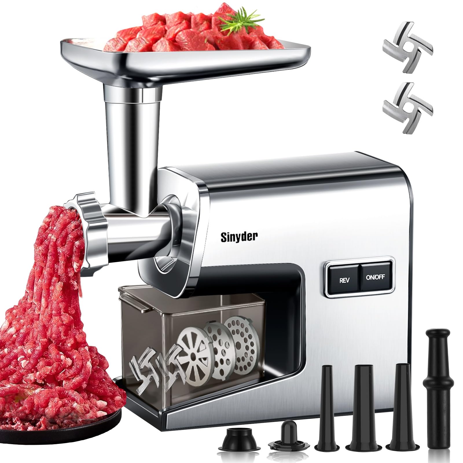 Photo 1 of Sinyder Electric Meat Grinder,3000 Max Heavy Duty Stainless Steel Meat Mincer with 2 Blades,3 Grinding Plates,3 Sausage Stuffer Tubes & Kubbe Kit for Home & Kitchen Using