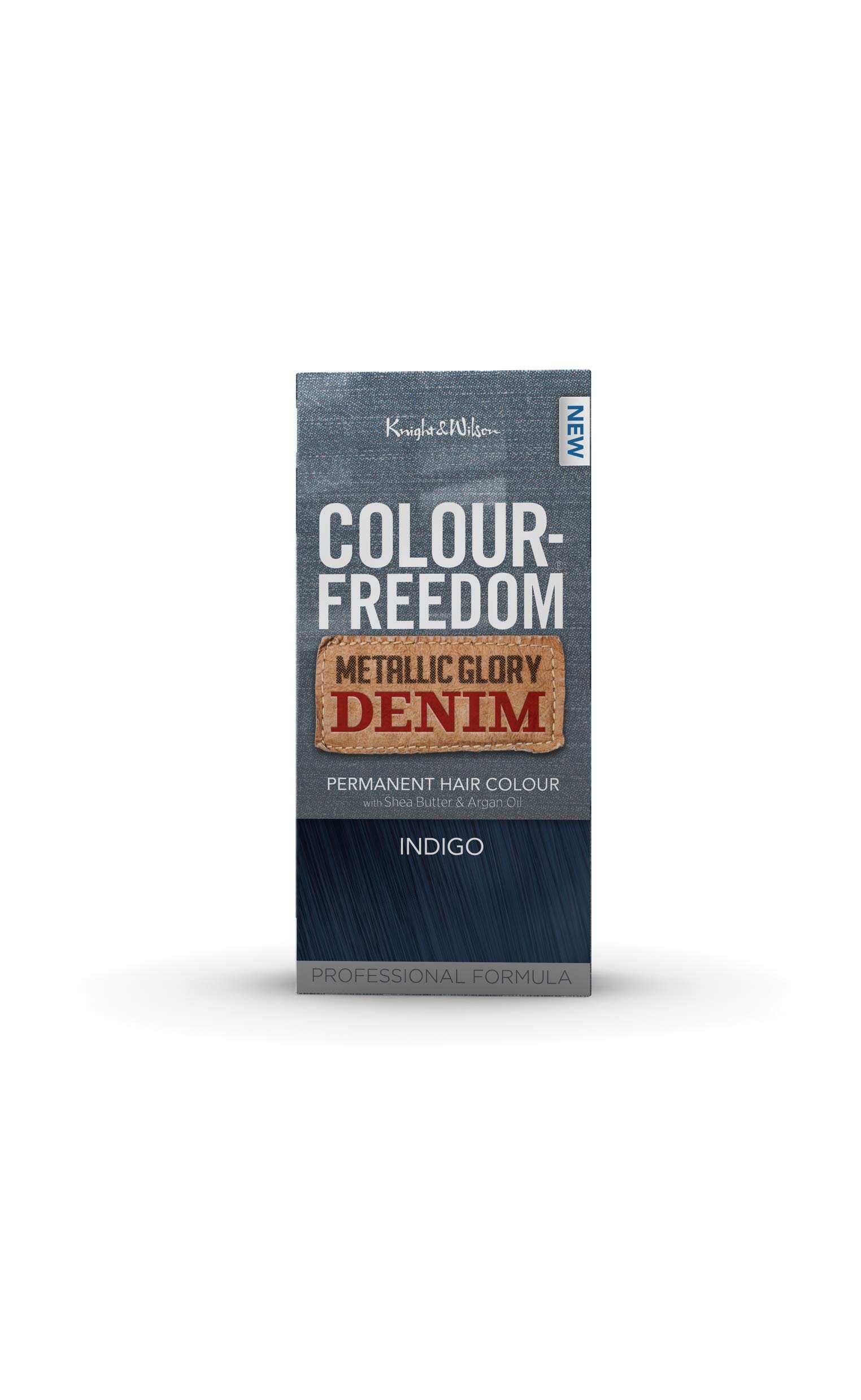 Colour Freedom Metallic Permanent Denim Indigo Conditioning Hair Dye. Infused with Shea Butter and Argan Oil for Ultra Glossy Conditioned Hair. 100% grey coverage. By Knight & Wilson.