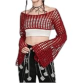 SHENHE Women's Crochet Shrug Hollow Knit Bolero Shrugs Coverup Crop Top Y2K Bell Sleeve Swimsuit Cover Up