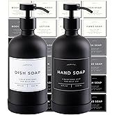 Hand and Dish Soap Dispenser for Kitchen and Bathroom, Set of 2 16 Oz Glass Bottles, Stainless Steel Pumps, Non-Slip Silicone Base, 27 Waterproof Labels (Matte Black Bottle/Black Pump)