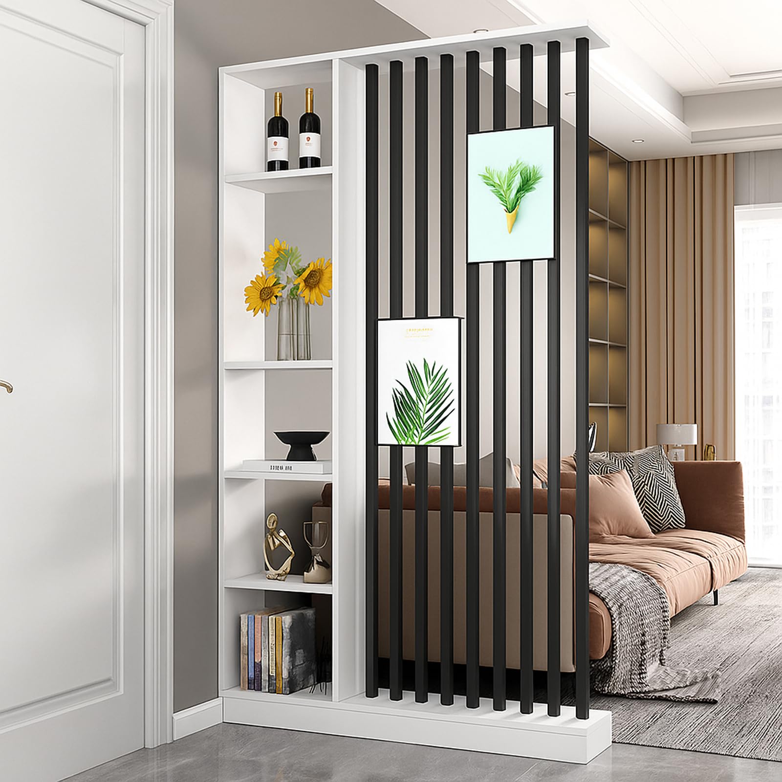 Photo 1 of Wall Room Divider with Storage Shelves, Modern Freestanding Room Divider Screen, Open Room Wood Partition for Home & Office Decor (White + Black, 47.2" L x 9.5" W x 79.5" H)