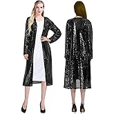 RZTA Women's Sparkling Sequin 1920s Cover Up Loose Open Front Long Sleeve Cardigan Coat Dress for Evening Party
