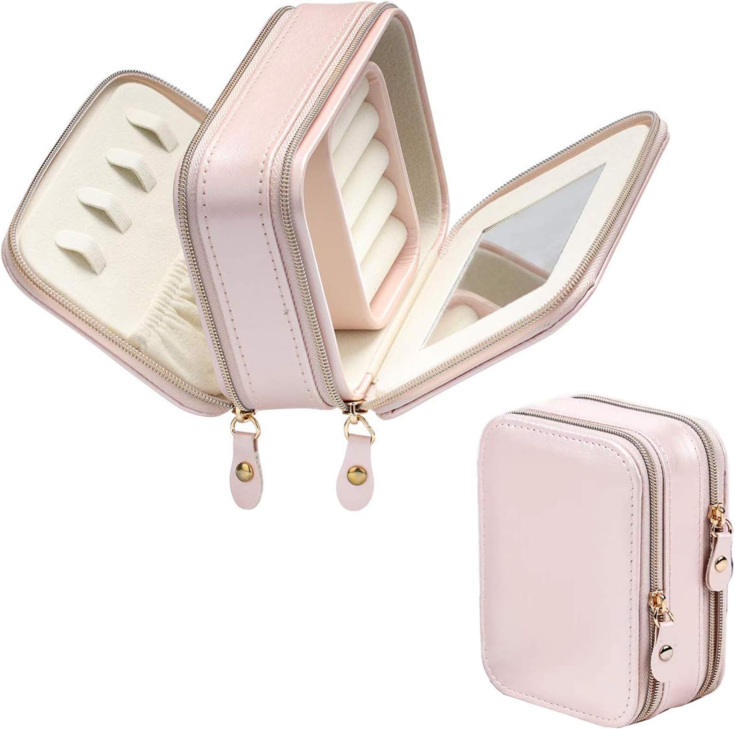 Lrker Pink Jewelry Box Organizer Dual Zipper Layer Travel Mini Small