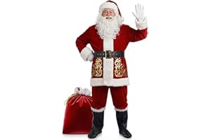 Opemon Santa Claus Costume for Adult Mens Santa Clause Suit 11pcs Deluxe Christmas Red Velvet Outfit Xmas Holiday Party Set