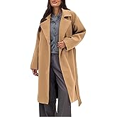 Tomosc Belted Coat for Women Winter Classic Loose Open Front Notch Lapel Trench Peacoat Long Outwear with Pockets