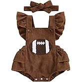 DNOMAID YZARC Football Baby Girl Outfit Embroidery Football Romper Ruffle Sleeve Corduroy Bodysuit Overalls Game Day Clothes