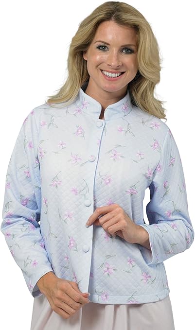 Ladies Women Beautiful Floral Print Quilted Light Bed Jacket by Marlon BJ1553 (UK 20 - 22, Blue 