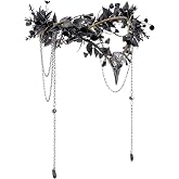 MOSTORY Black Raven Elf Crown - Flower Gothic Headpiece with Tassel for Women Witch Renaissance Renfaire Halloween Cosplay