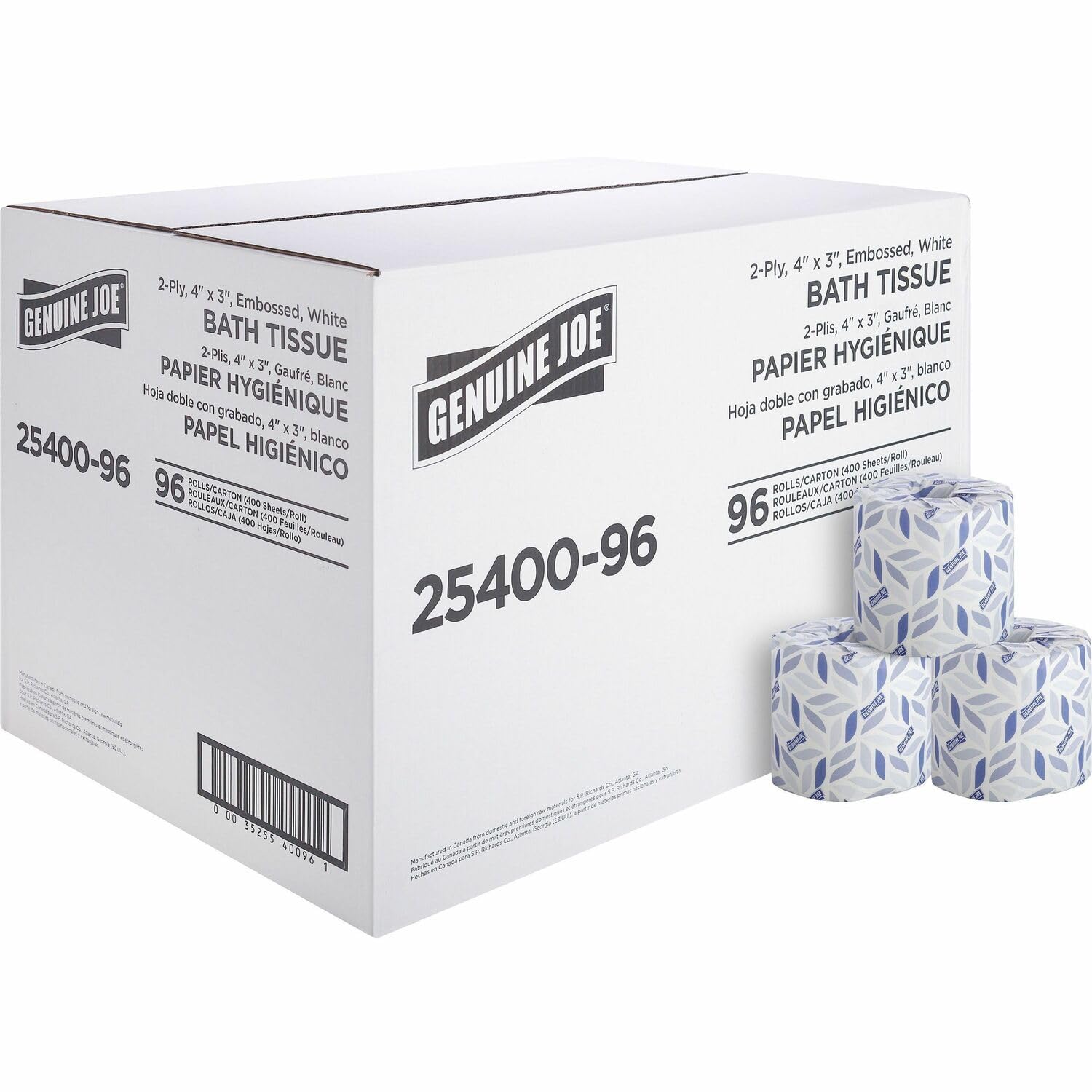 Photo 1 of Genuine Joe Standard Bath Tissue, 3" x 4", 2-Ply, 400 Sheets/Roll, 96 Count