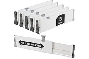 RUBOXA Adjustable Drawer Dividers [Set of 5] Adjustable Length 11" - 17" Drawer Organizers, Locks in Place, Easy-Assemble, Secured, Foam Ends, for Bedroom, Bathroom, Kitchen/Office Organization & Storage