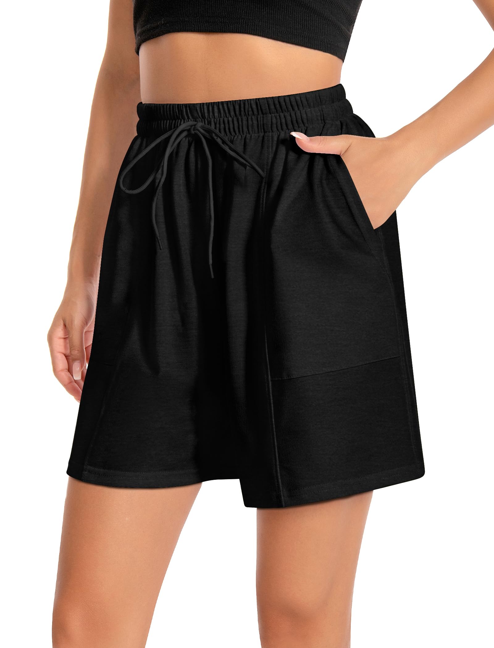 View 1 of CHICMERS Women's Lounge Athletic Shorts High Waisted with Pockets, 6.1" Long Sweat Shorts Women, Summer Casual Elastic Walking Running Shorts, Black (S)