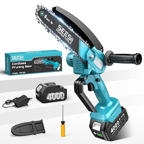 SEESII Mini Chainsaw 6 Inch: Electric Chainsaw with 4000mAh Battery - 800W Motor for Quick Work -Cordless Saw for Branch Cutting, Camping & Gardening -Gifts for Husbands Men Dad Women Mom Father Day