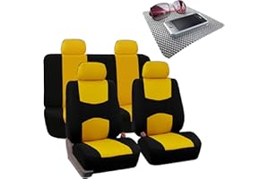 FH Group Bright Flat Cloth Full Set Automotive Seat Covers Front Set and Rear Solid Bench Yellow Black Seat Covers w. Gift Universal Fit Interior Accessories for Cars Trucks and SUVs