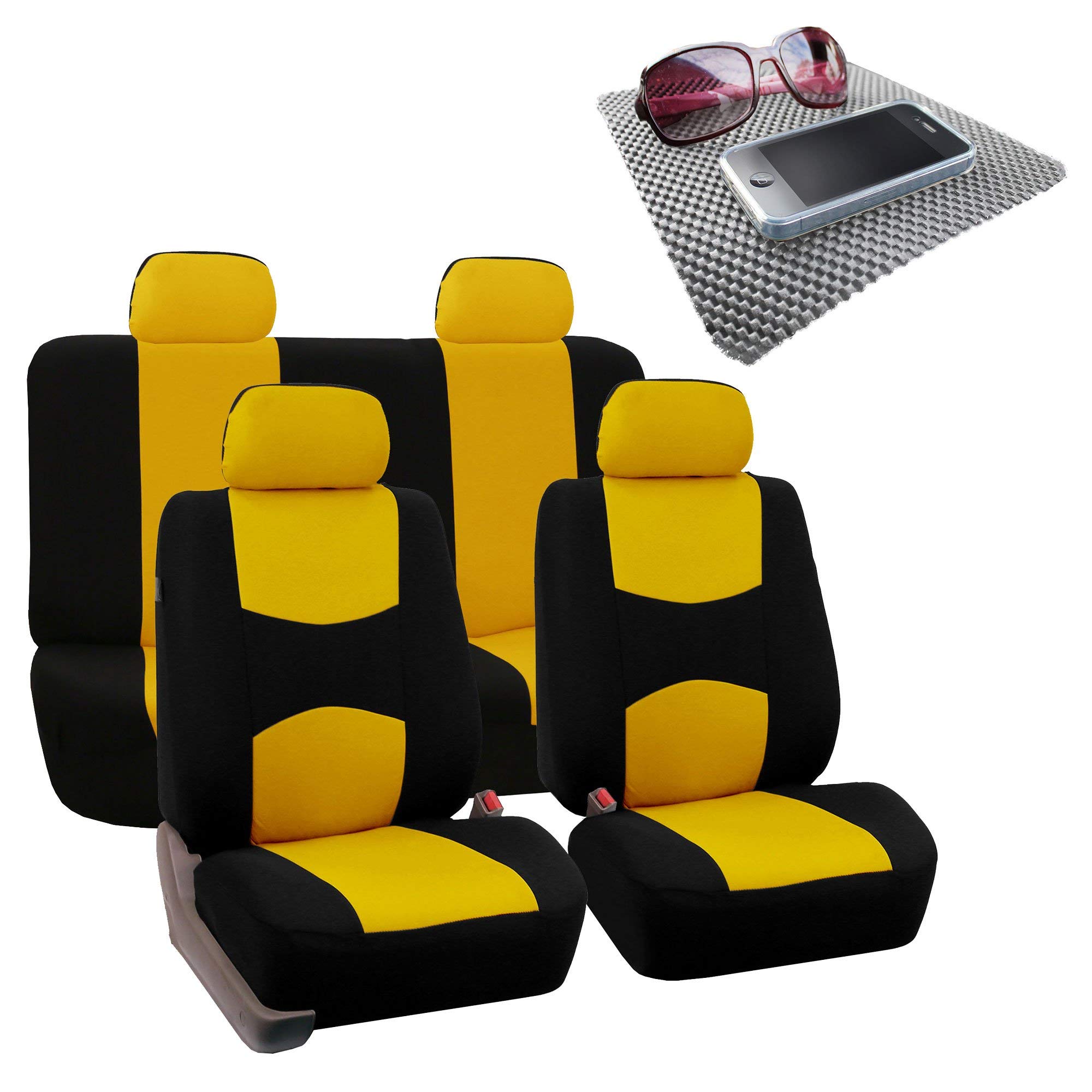 Photo 1 of FH Group Bright Flat Cloth Full Set Automotive Seat Covers Front Set and Rear Solid Bench Yellow Black Seat Covers w. Gift Universal Fit Interior Accessories for Cars Trucks and SUVs