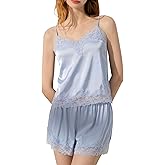 Luna & Sun Women Satin Lace Trim Pajamas Sleepwear Camisole Top and Shorts Nightwear Sets