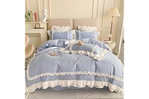 SOUKECHY Chic Lace Bedding,Girls Twin Aesthetic Comforter Cover Set,Cute Princess Style Ruffled Duvet Cover with 2 Layers Ruffles, Zipper Closure-Blue,Twin