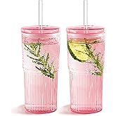 Puraville 2 Pack 20oz Glass Gups with lids and Straws, High borosilicate Reusable Iced Coffee Cup Tumbler, Leak Proof Driking Glass Mug for Water, Juices, Cocktails, Pink