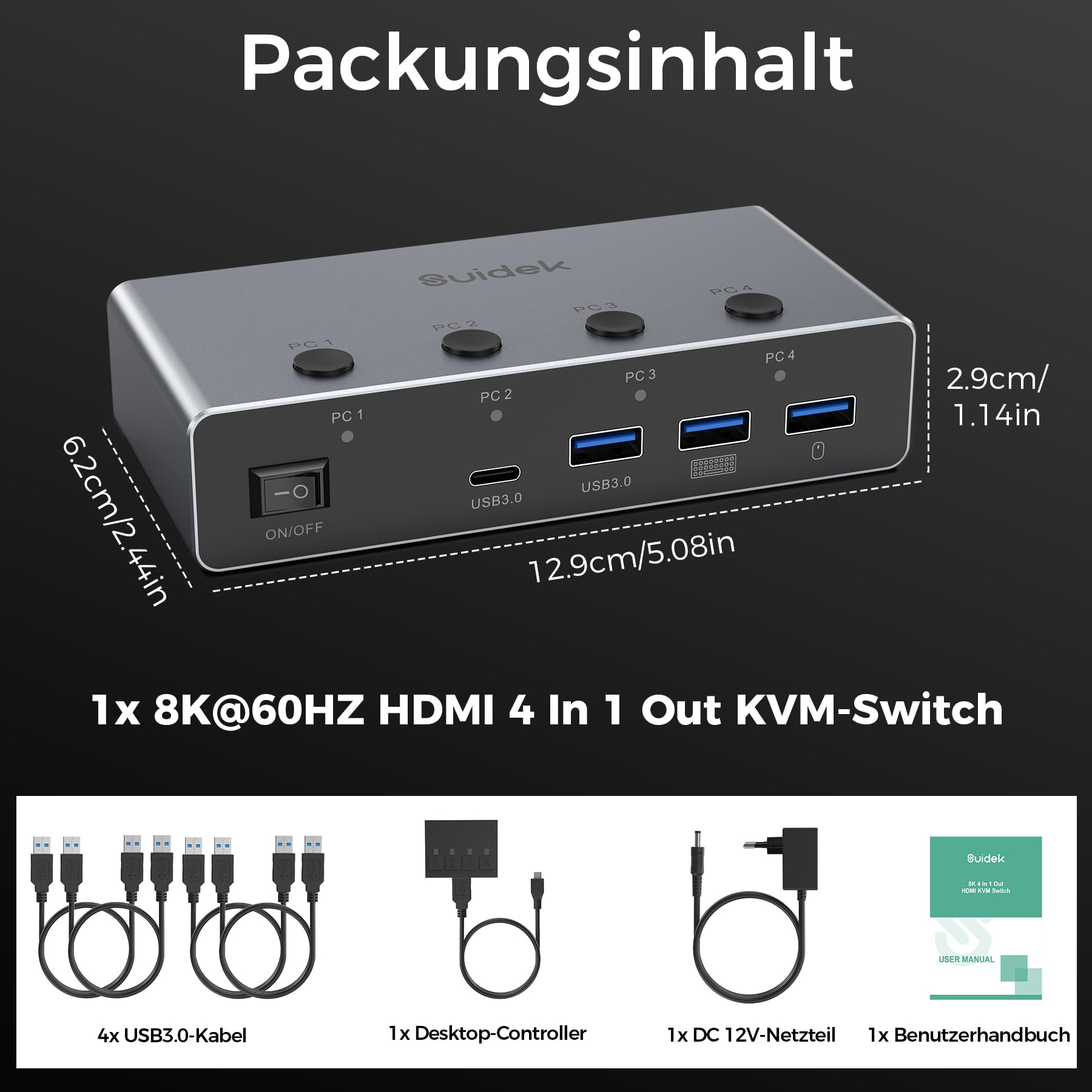 SUIDEK HDMI KVM Switch 4 PC 1 Monitor 8K@60Hz/4K@144Hz, KVM 4 in 1 out 8