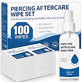 2 in 1 Piercing Aftercare Spray &amp; Wipes Kit: Non-Greasy Saline Solution for Keloid Bump Removal, Piercing Bump Treatment Solution, Ear Nose Lip Belly Piercing Cleaner Wipes(3.38oz + 100ct)