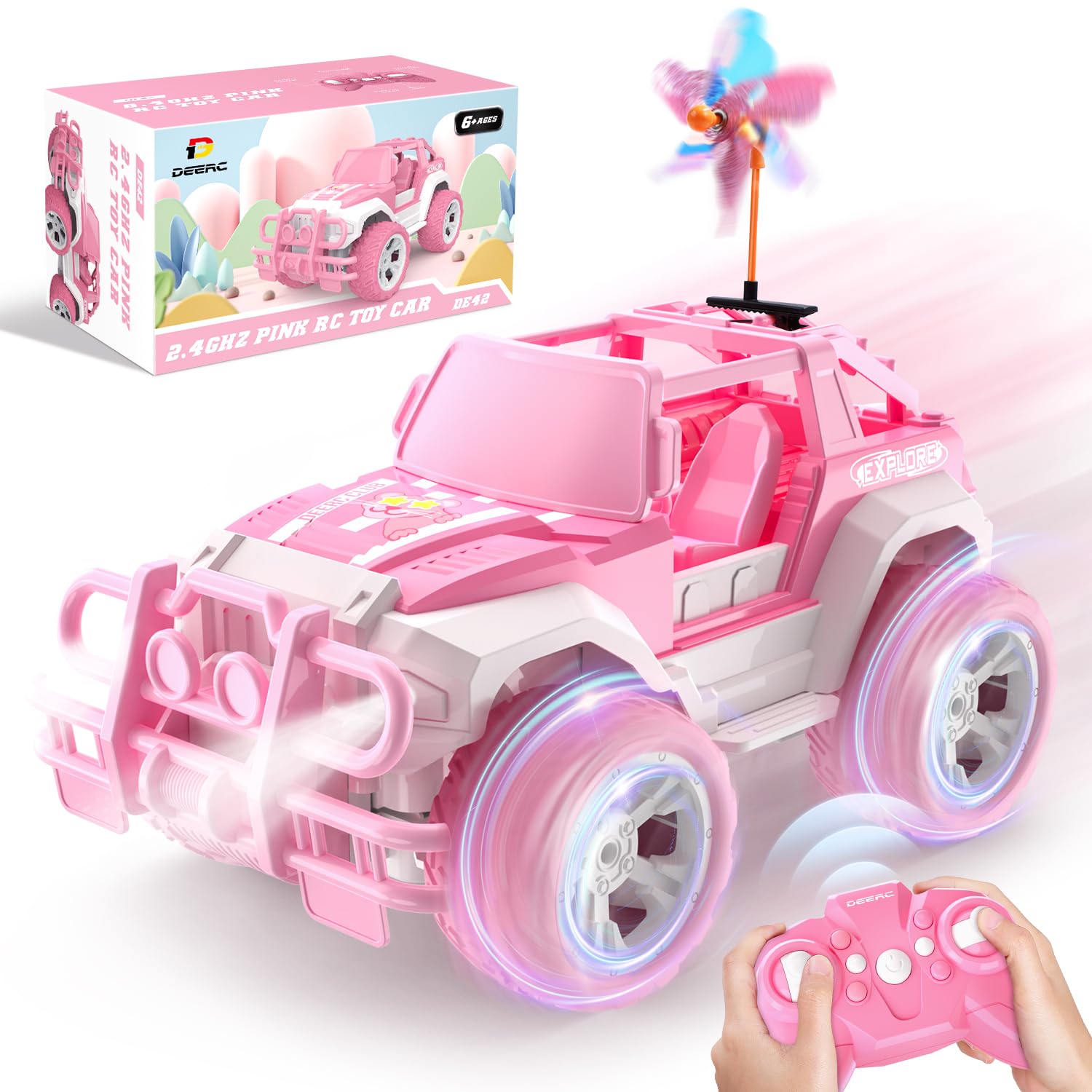 DEERC Ferngesteuertes Auto Rosa, 1:18 SUV RC Auto mit LED-Scheinwerfern, 2,4 GHz, Monster Trucks Off-Road Crawler, Geschenke für Mädchen ab 6 Jahren