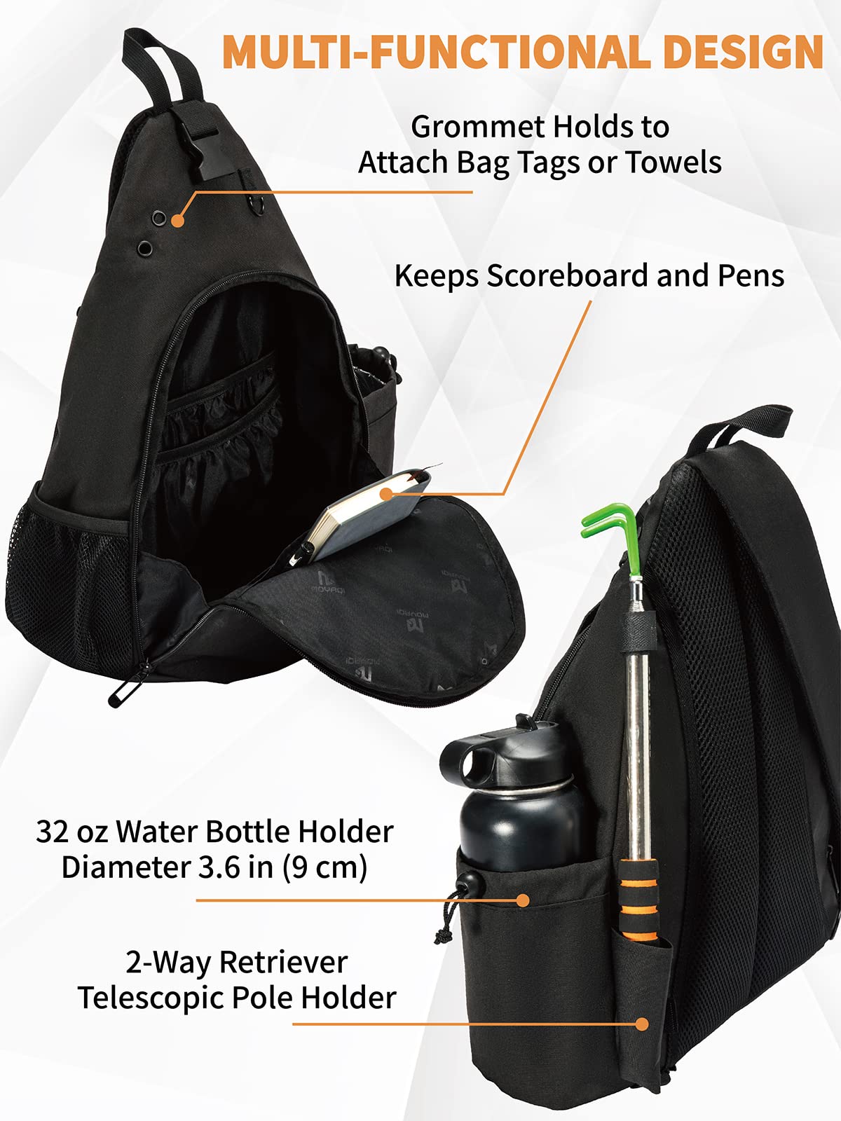 MOYAQI Disc Golf Bag with Retriever Holder and Storage Pockets, Disc Golf Backpack with 8-10 Disc Capacity, Padded Adjustable Strap and Back Panel, Lightweight and Durable (dark0010) - view 5