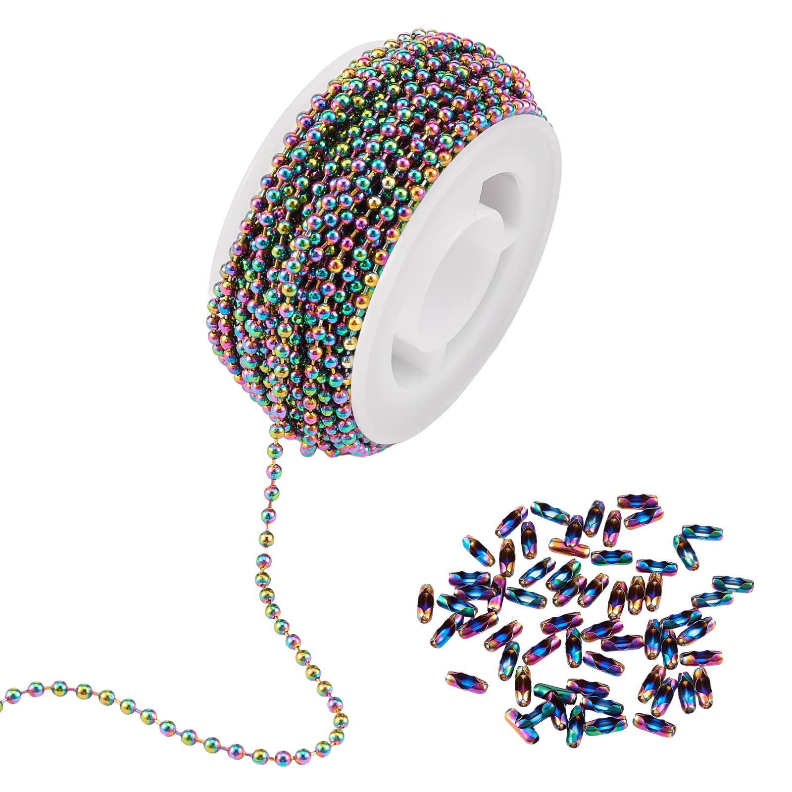 COGCHARGER 5M Rainbow Color Stainless Steel Ball Chains 2.5mm Multi-color Soldered Beads Chain with Ball Chain Connectors for Jewelry Necklace Making Crafts
