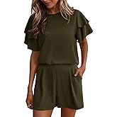 KIRUNDO Two Piece Sets For Women Summer Casual Loose Ruffle Short Sleeve Matching Shorts Sets Beach Vacation Cruise Outfits