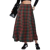 EXLURA Womens Flannel Plaid Long Skirts High Waist A Line Flared Pleated Maxi Skirt Dress Casual Vintage Office with Pockets