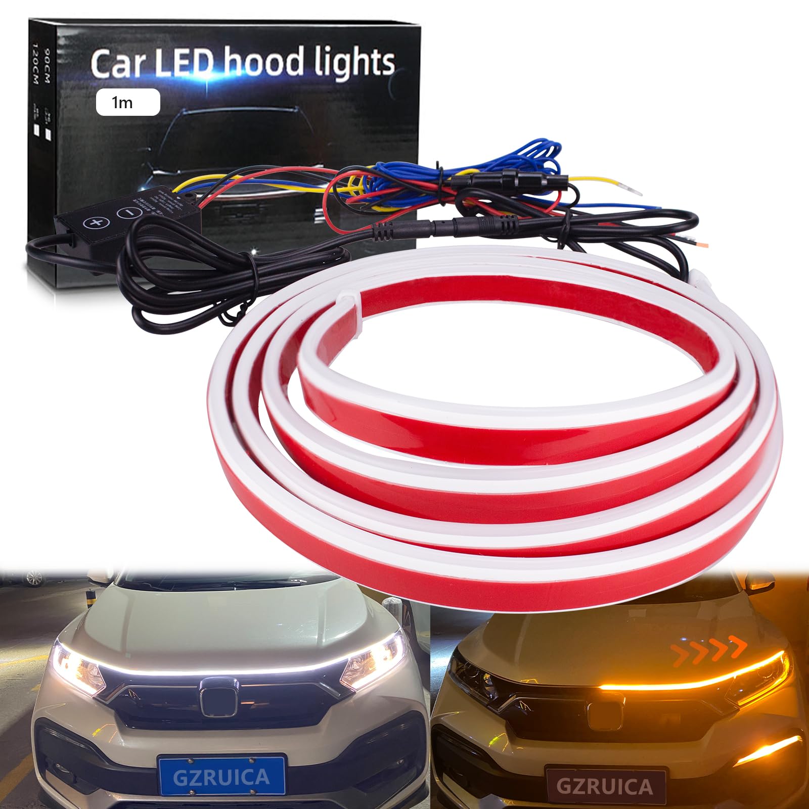 GZRUICA LED テープ フードライト LEDテープライト 流れるウインカー LED シーケンシャル 車用 防水 側面発光 極薄型 リモコン付き モード変更可能 シリコン ボンネットライト ディライト 汎用品 DC12V 1M ホワイト/アンバー切替 日本語取扱説明書付き の商品画像
