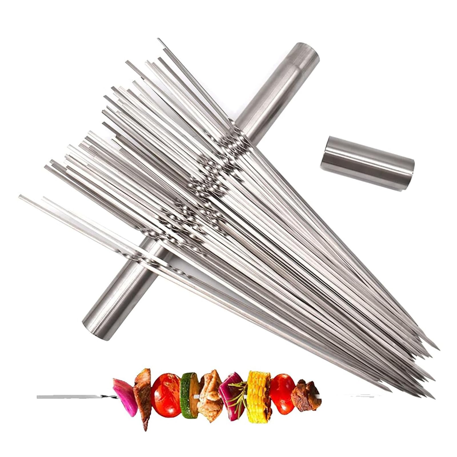 Liwein Kebab Skewers, 50PCS Stainless Steel BBQ Kebab Meat Skewers Set with a BBQ Stick Organiser, Reusable Metal Skewers for BBQ Cocktail Shish Kabob Party Essentials 35cm