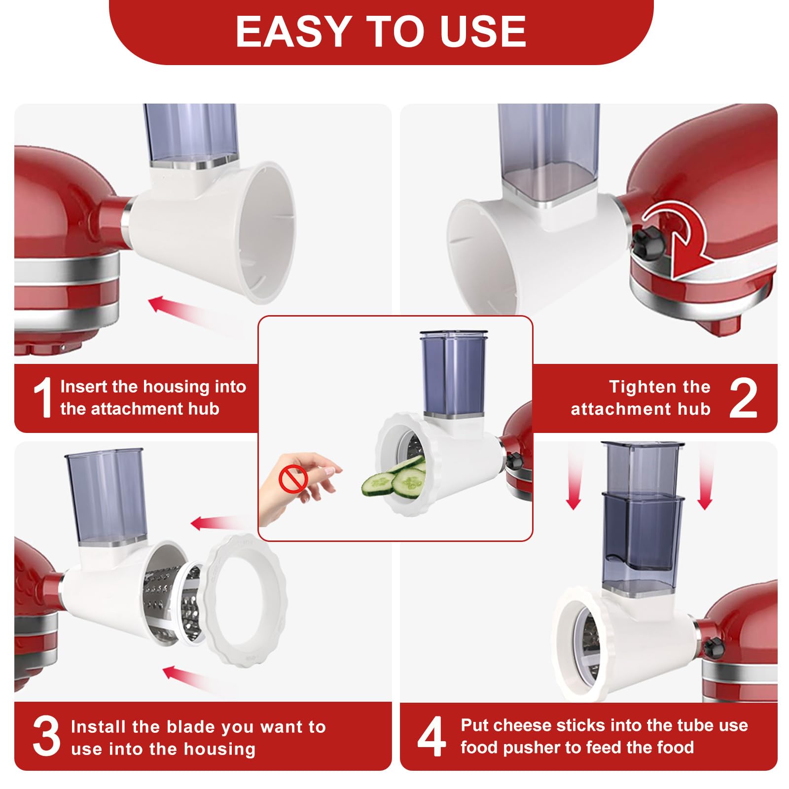 Upgraded Version - Cheese Grater Slicer Shredder Attachments for All KitchenAid Stand Mixers, Food Slicers Salad Maker Accessory Vegetable Chopper with 4 Blades Dishwasher Safe