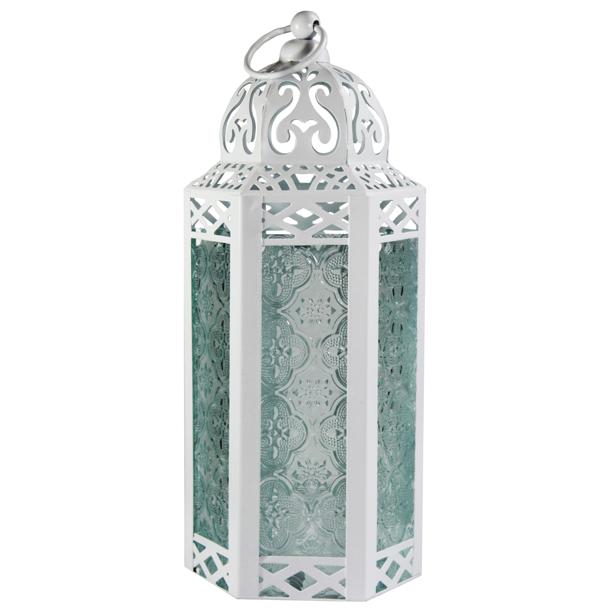 VELA LANTERNS White Moroccan Candle Lantern Decorative Candle Holder Lamp for Indoor Outdoor, Ramadan, Home Decor, Patio, Weddings, Metal, Clear Glass, Medium Lantern — image 1