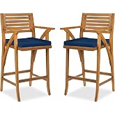 Best Choice Products Set of 2 Outdoor Acacia Wood Bar Stools Bar Chairs for Patio, Pool, Garden w/Weather-Resistant Cushions - Navy