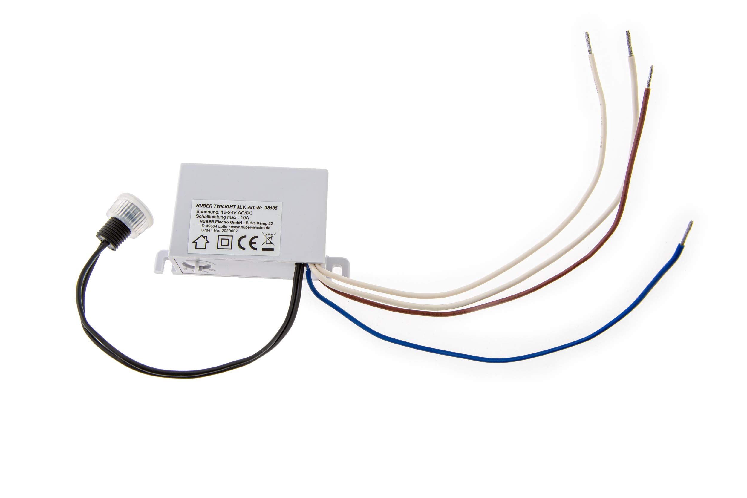 HUBER Twilight 3LV Outdoor Twilight Switch Adjustable [5-50 Lux], Sensor IP44 Protected I Built-in Twilight Switch, 12-24V AC/DC