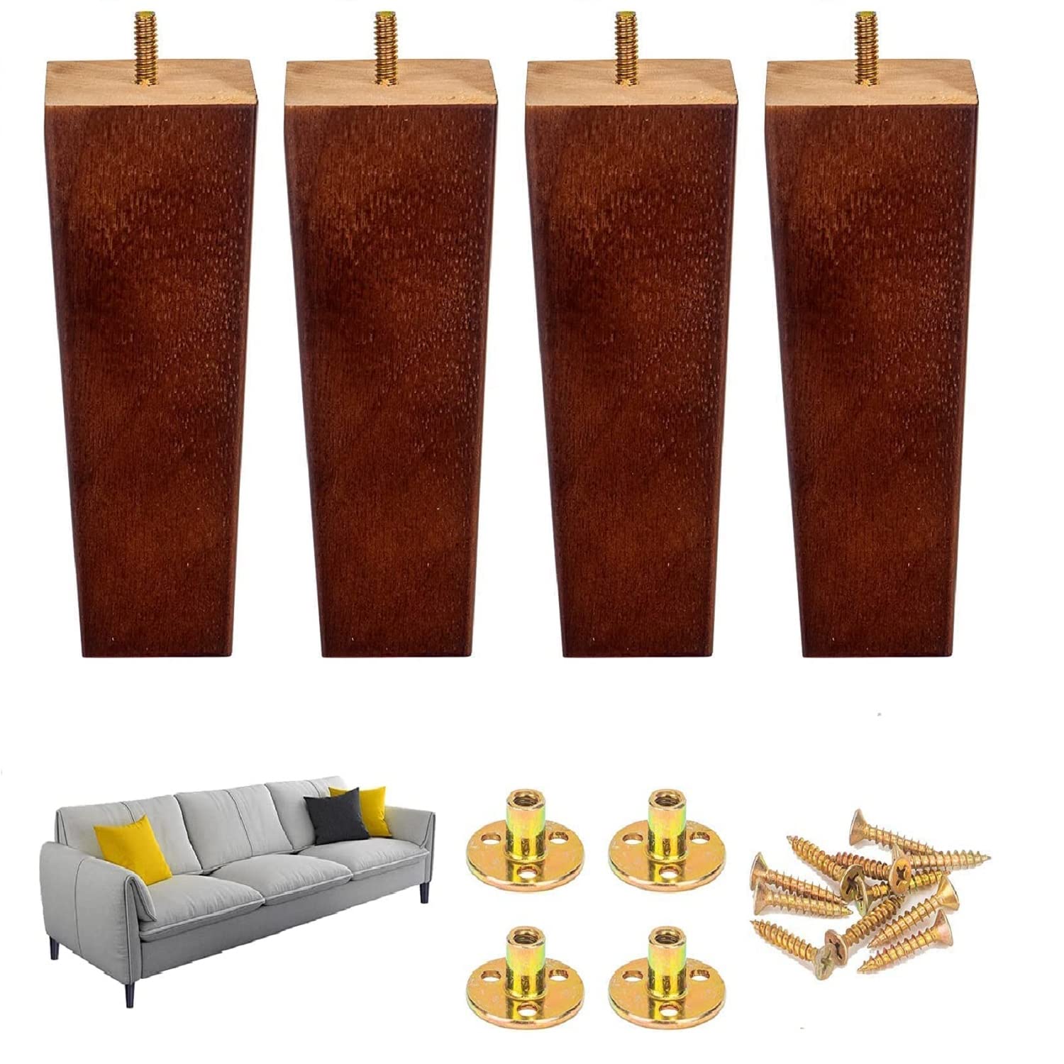 20 cm / 8 Inch Wood Trapeze Tapered Furniture Leg Set of 4 Mid-Century Wooden Furniture Feet Replacement Legs with Mounting Plate & Screws for Sofa Couch Cabinet Chair Coffee Table Dresser - Walnut