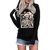 Skeleton Christmas Shirts for Women Xmas Tshirt Skull Graphic Tees Long Sleeve Pullover Tops
