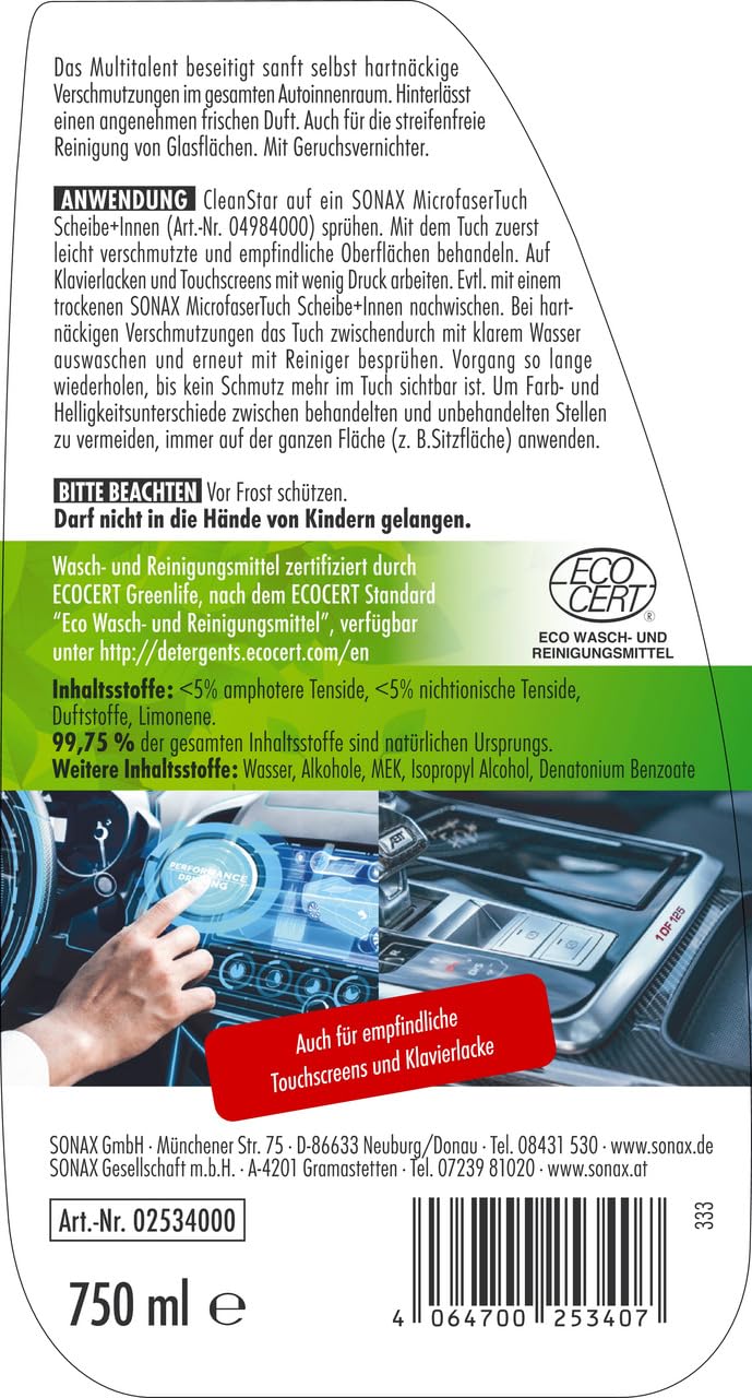 SONAX CleanStar (750 ml) Autoinnenreiniger für Stoff, Polster, Alcantara, Leder, Cockpit, Kunststoff, Gummi, Glas, Klavierlack, Displays, Touchscreens usw. | Art-Nr. 02534000 2