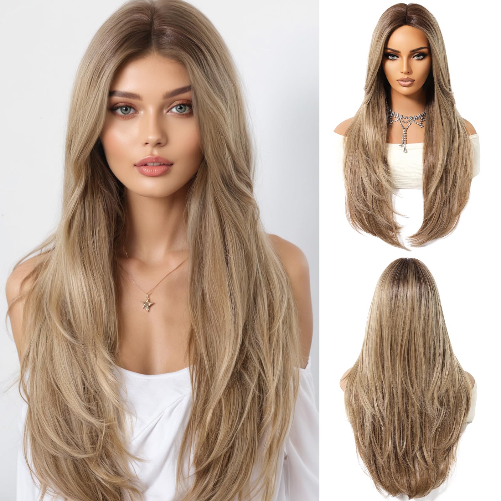 OUFEI Ombre Ashblonde wigs for Women Long Wig with Bangs Natural Straight Wigs Synthetic Hair Heat Resistant Wigs for Daily Party Cosplay Wear — image 1