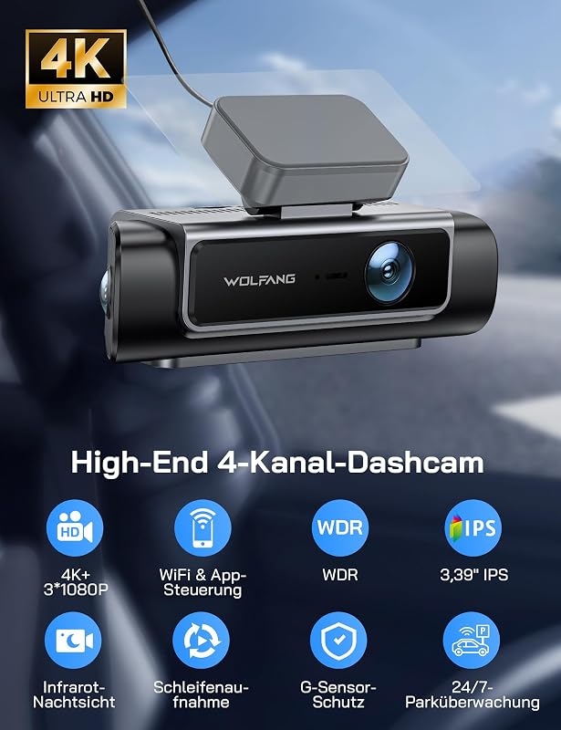 Dashcam, 4K 4-Kanal 5.8GHz WiFi Dash Cam, 360° Kamera für Auto