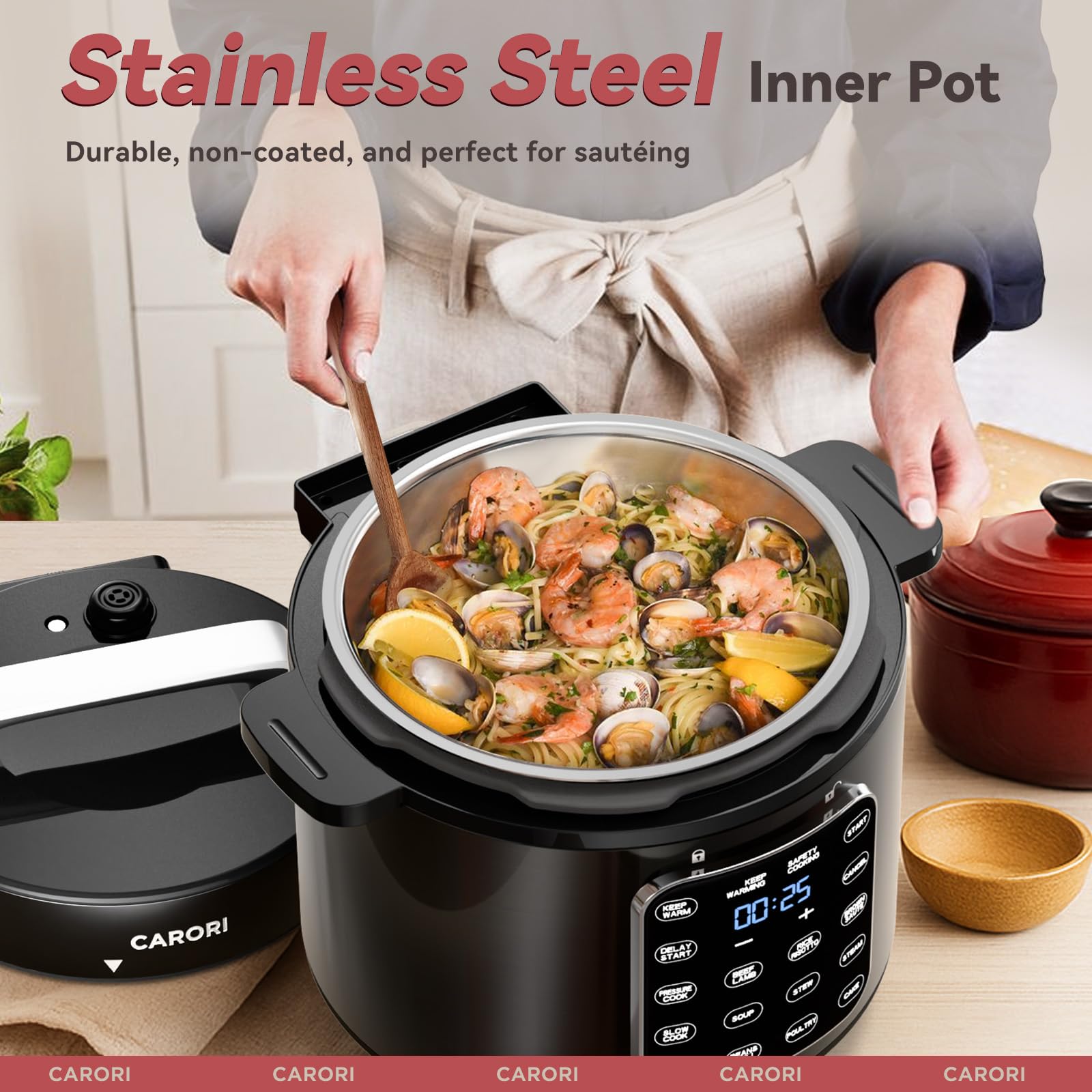 CARORI 9-in-1 Electric Pressure Cooker 6 Qt, Stainless Steel Inner Pot, Programmable 12 Multi-Function Cooker with Safe Vent Design, Rice Cook, Slow Cook, Sauté, Warmer & Sterilizer, Black