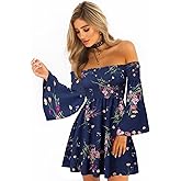 ONEYIM Women's Dress Summer Floral Long Sleeve Off Shoulder Casual Mini Dresses