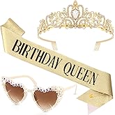 Tihebax Gold Birthday Crown and Sash & Glasses Set for Women - BIRTHDAY QUEEN Sash and Tiara for Women, Happy Birthday Decorations Adult Woman Girls Party Favors Accessories