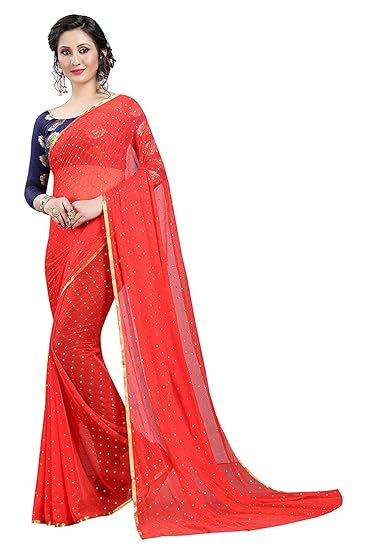 Blue Wish Womens Designer Plain Chiffon With Jacquard Lace Border And Contrast Heavy Jacquard Blouse Unstitched