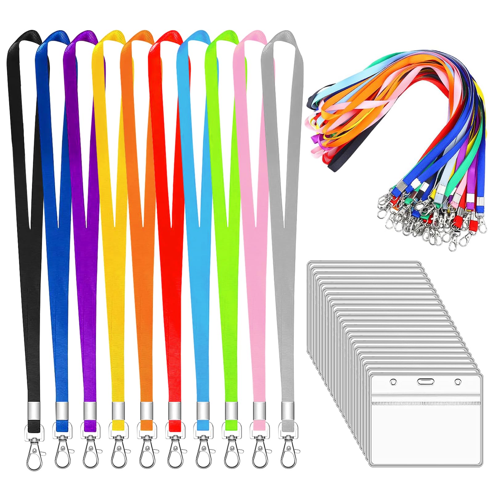 XHDA Colorful 50PCS Lanyards for Neck with 50PCS Card Holder, Lanyard with Clear Plastic Card Holder for ID Card and Staff