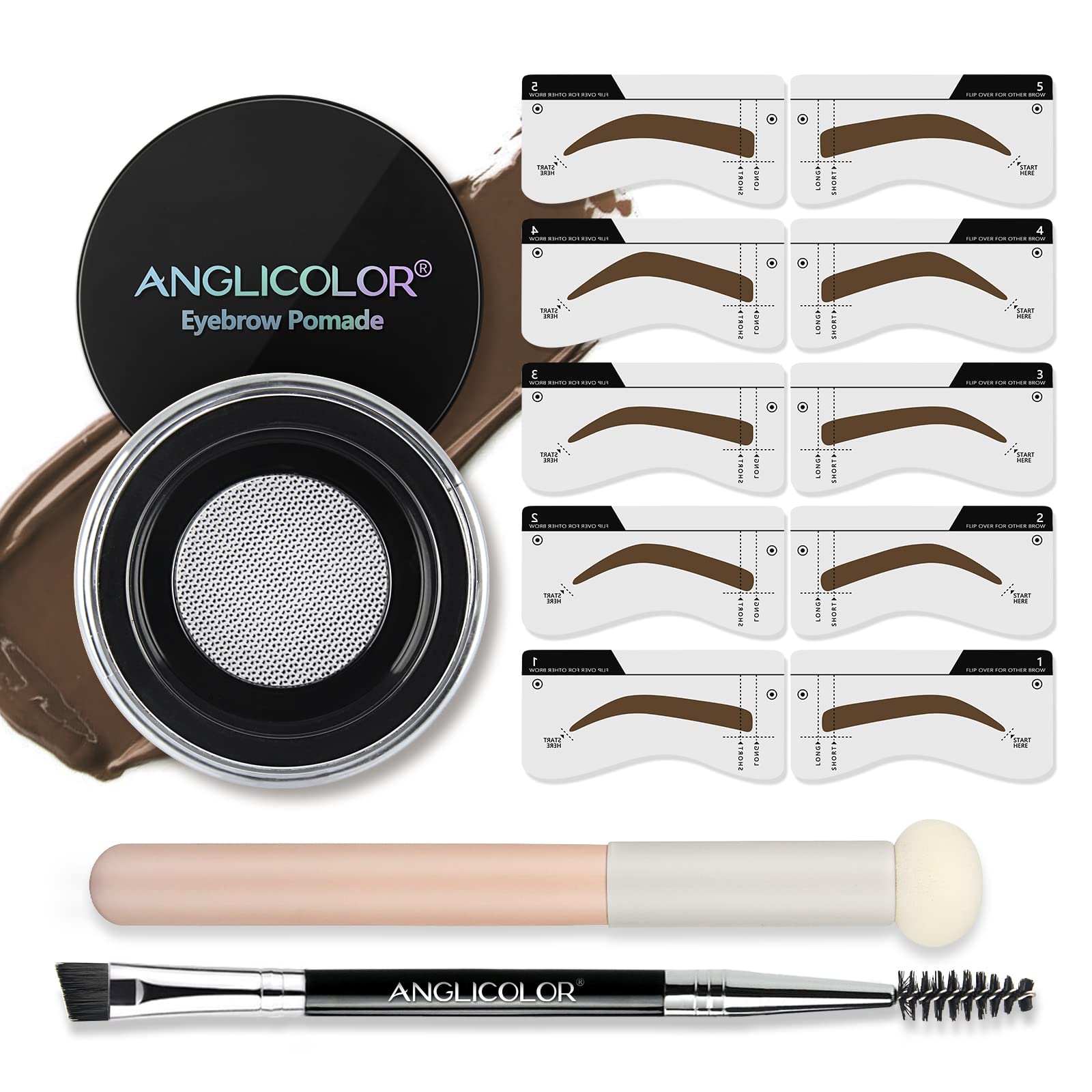 Anglicolor Eyebrow Stencil Set,Eyebrow Stencil Kit,Waterproof Eyebrow Pomade,Long Lasting Brow Pomade with Double Ended Eyebrow Brush with Sponge Applicator (05#DARK BROWN, 7.5g) — image 1
